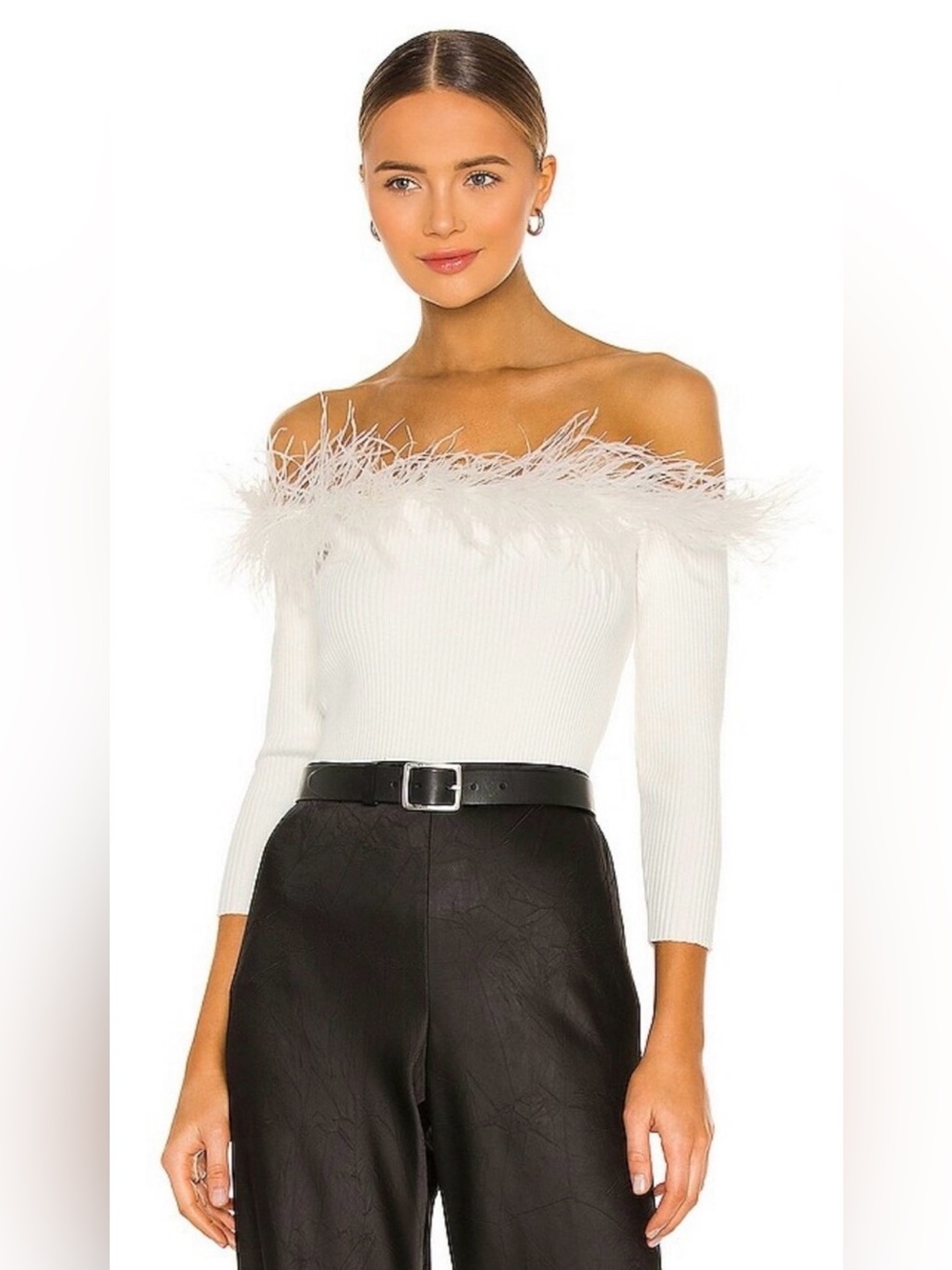 Milly Ribbed Feather Trim Cardigan – Cream – Size P/XS
